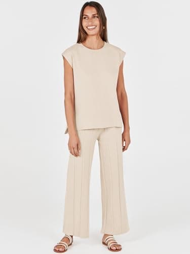 ANRABESS Women 2 Piece Lounge Sets Summer Casual Knit Sweater Vest Pant Set Beach Vacation Airport Outfits Clothes Apricot Medium - Image 3