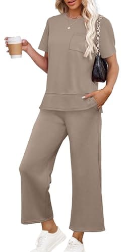 OFEEFAN Womens Plus Size Lounge Set Casual Summer Two Piece Cruise Outfits Spring Short Sleeve Tracksuit Wide Leg Airport Loungewear Travel Clothing Women's Beach Vacation Clothes Khaki 3XL - Image 1