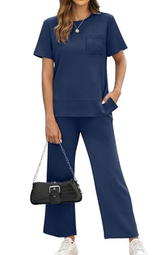 OFEEFAN Two Piece Outfits for Women Casual Summer Travel Lounge Sets Spring Tracksuit Airport Loungewear Vacation Clothes Wide Leg Crop Pants Matching Clothing Set Women's Sweat Track Suit Navy M - Image 2