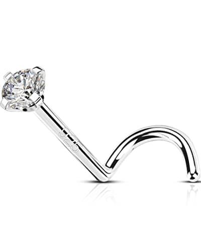 OUFER 925 Sterling Silver Nose Stud, Bone L Screw Shaped Nose Rings, 20G Nostril Solid 2mm Round CZ Nose Piercing Jewelry for Women Men
