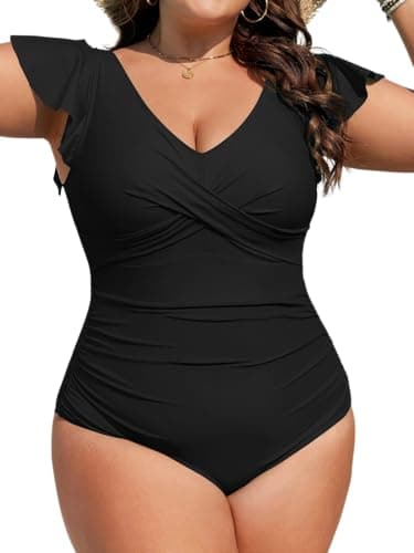 B2prity Women's Plus Size One Piece Swimsuit Tummy Control Ruffle Bathing Suit V Neck High Waist Wrap Swimwear Black - Image 1