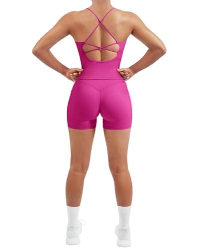 SUUKSESS Women 2 Piece Workout Sets Hidden Scrunch Butt Lifting Yoga Shorts with Pockets Backless Strappy Padded Tank Tops Outfits (Peach, M) - Image 1