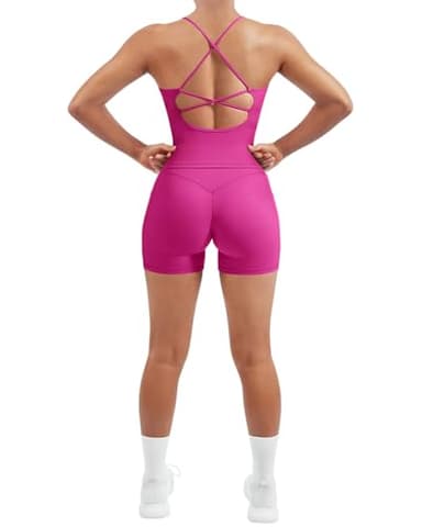 SUUKSESS Women 2 Piece Workout Sets Hidden Scrunch Butt Lifting Yoga Shorts with Pockets Backless Strappy Padded Tank Tops Outfits (Peach, M) - Image 1
