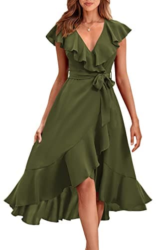 PRETTYGARDEN Women Summer Bohemian Slit Ruffle Beach Dresses Casual Wrap V Neck Tie Dress A-Line Swing Midi Sun Dress (Army Green,X-Large) - Image 1