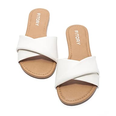 FITORY Women's Flat Sandals Fashion Slides With Soft Leather Slippers for Summer White Size 8 - Image 2
