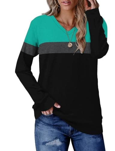 CRAZY GRID Womens Long Sleeve Shirts Casual Vneck Color Block Fall Top Ladies Soft Trendy Loose Fits Sweatshirt Lightweight Plus Size Oversized 2XL Turquoise Black - Image 2