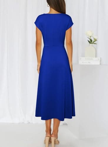 Happy Sailed Dark Blue Dresses for Women Spring Summer Cowl Neck Short Sleeve Runched A Line Party Cocktail Dress Elegant Semi Formal Dresses Large - Image 2