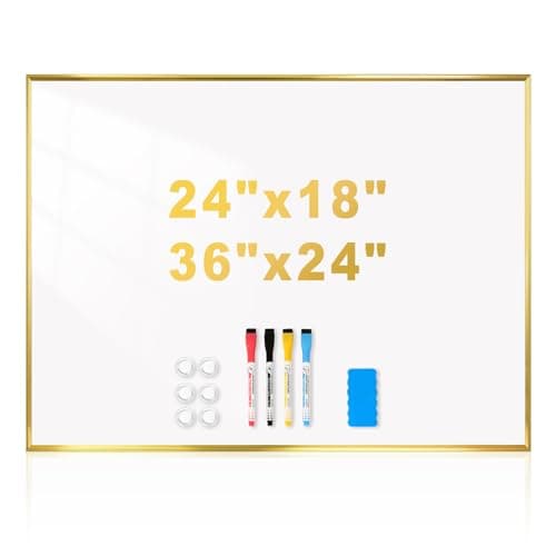 QUEENLINK Magnetic Whiteboard, 24"x18" Gold Aluminum Frame Dry Erase White Board for Wall, Hanging Wipe Board with 6 Magnets, 4 Markers & 1 Eraser for Home, Office, School - Image 1