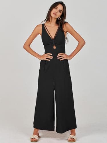 ANRABESS Women's Jumpsuits Summer Wide Leg Sleeveless V Neck Casual Dressy Linen Pants Rompers 2025 Vacation Beach Outfits Black Small - Image 9