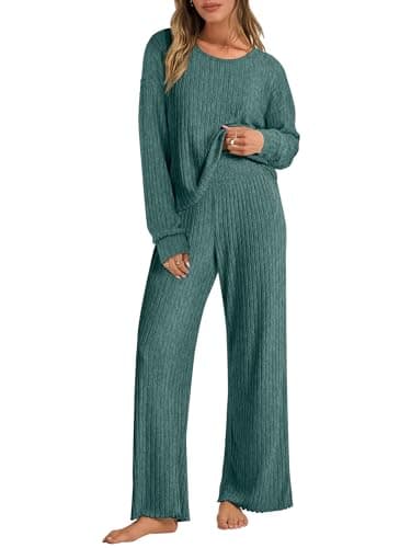ANRABESS Women 2 Piece Lounge Pajamas Sets Casual Ribbed Knit Long Sleeve Top Pants Matching Set 2025 Fall Outfits Clothes Green X-Large - Image 1
