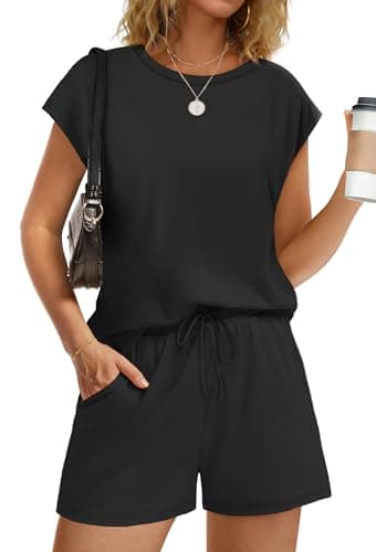 WIHOLL 2 Piece Sets for Women Summer Outfits 2025 Vacation Trendy Lounge Crew Neck 2 piece Matching Sets Women's Clothing Cap Sleeve Pants Set Cruise Travel Airport Sweat Set Black 2XL - Image 1