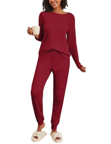 Ekouaer Womens Ribbed Knit Pajama Sets 2 Piece Jogger Pjs Long Sleeve Sleepwear Round Neck Soft Lounge Sets with Pockets Wine Red Large - Image 1