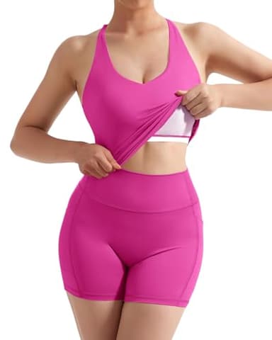 SUUKSESS Women 2 Piece Workout Sets Hidden Scrunch Butt Lifting Yoga Shorts with Pockets Backless Strappy Padded Tank Tops Outfits (Peach, M) - Image 3