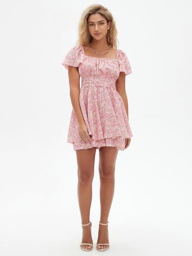 EXLURA Women's 2025 Summer Ruffle Short Sleeve Tie Back Romper Dress Square Neck A Line Cute Dressy Short Jumpsuits - Image 2