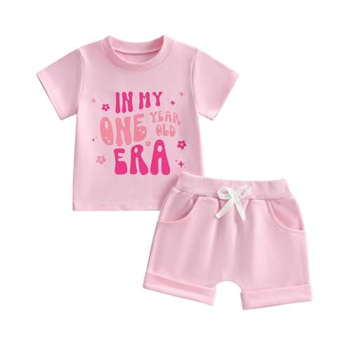 WZTYYDS Baby Girl First Birthday Outfit In My One Year Old Era Top Short Sleeve 1st Birthday Shirt + Casual Shorts Set (Pink, 12-18 Months) - Image 1