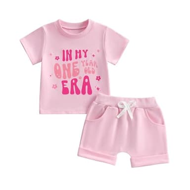 WZTYYDS Baby Girl First Birthday Outfit In My One Year Old Era Top Short Sleeve 1st Birthday Shirt + Casual Shorts Set (Pink, 12-18 Months) - Image 1