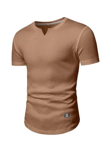JMIERR Men's Muscle Shirt V Neck Slim Longline Short Sleeve Henley Shirt Gym Workout Athletic Tees Shirts Mens Tights for Sports,US 46(XL) A Brown - Image 5