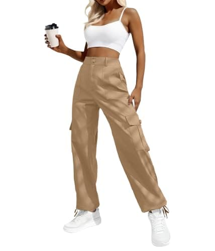 Women High Waisted Cargo Pants Wide Leg Casual Pants 6 Pockets Combat Military Trousers Khaki - Image 1