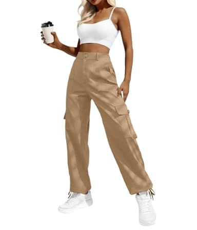 Women High Waisted Cargo Pants Wide Leg Casual Pants 6 Pockets Combat Military Trousers Khaki - Image 1