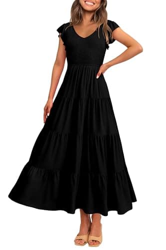 PRETTYGARDEN Women's Summer Flowy Maxi Dress Casual Cap Sleeve V Neck Smocked Beach Sundress (Solid Black,Small) - Image 1
