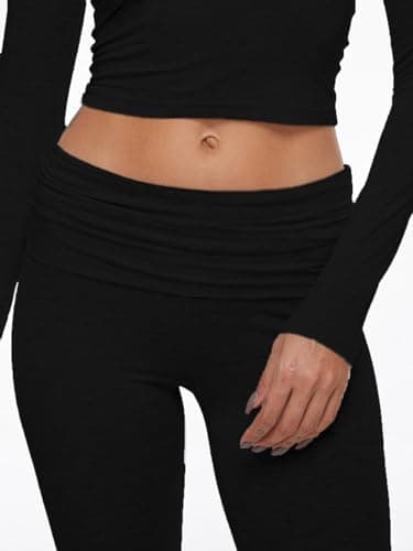 AnotherChill Women's 2 Piece Lounge Sets Fold-over Flare Pants Set Long Sleeve Cropped Top Casual Outfits Pajamas (Black, Medium) - Image 6