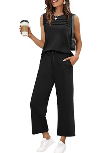 WIHOLL Lounge Sets for Women 2 Piece Summer Outfits Matching Sets Womens Clothing Vacation Outfits Business Casual Work Wide Leg Crop Pants Airport Travel Outfits 2025 Black L - Image 1