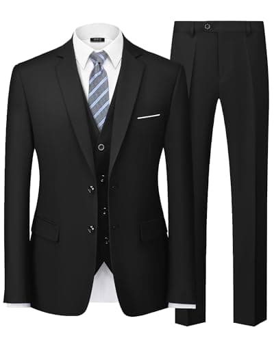 MY'S Men's 3 Piece Slim Fit Suit Set with Tie, 2 Button Blazer Jacket Vest & Pants, Business Wedding Party Prom Suit for Men, Black Medium - Image 1