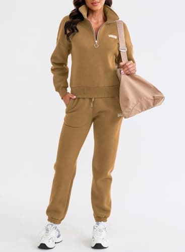 Herseas Womens Half Zip Pullover Long Sleeve Sweatshirt Jogger Pants Lounge Sets 2 Piece 2025 Teacher Outfits Sweatsuit with Pockets Camel Medium 8 10 - Image 2