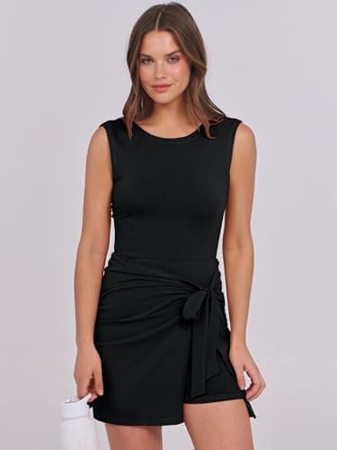 Caracilia Women Summer Sleeveless Bodycon Tie Cinched Waist Romper Skort Mini Dress Built in Shorts Night Out Vacation Dress Black Large - Image 6