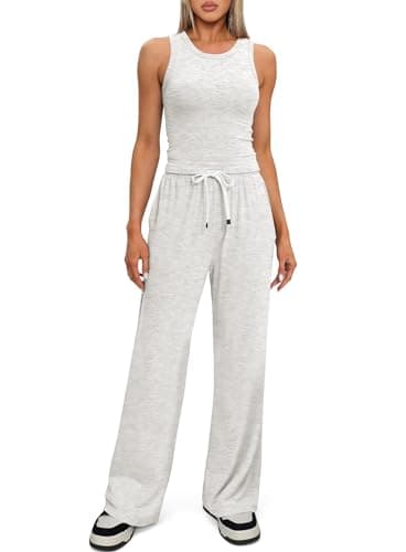 Darong Women's 2 Piece Outfits 2025 Tank Top And Long Pants Lounge Sets Tracksuit 9054A White Grey XS - Image 3