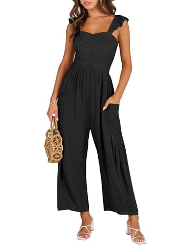 ANRABESS Women Summer Casual Dressy Sleeveless Smocked Wide Leg Linen Jumpsuits Rompers 2025 Trendy Travel Outfit Pocket Black Medium - Image 1