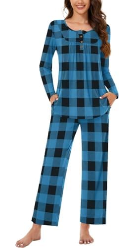 Bestbee Womens Pajama Set, 2 Piece Lounge Outfits Pleated Sleepwear Sets Long Sleeve Long Pants With Pockets Ladies Pjs, M, Blue Plaid - Image 1