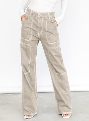 Dokotoo Womens Casual High Waisted Cargo Jeans for Women Wide Leg Boyfriend Denim Pants Apricot Size 8 - Image 2