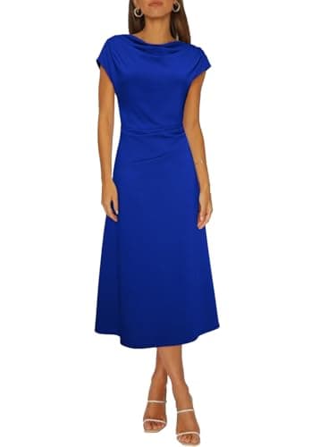 Happy Sailed Dark Blue Dresses for Women Spring Summer Cowl Neck Short Sleeve Runched A Line Party Cocktail Dress Elegant Semi Formal Dresses Large - Image 1
