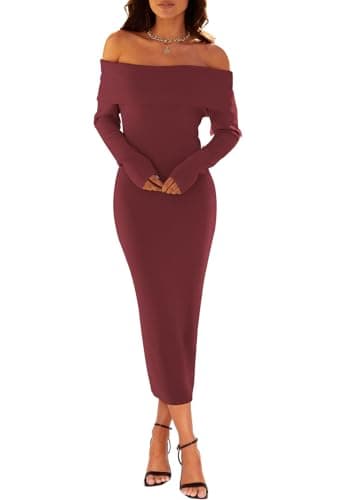 MEROKEETY Women's Fall Off Shoulder Bodycon Sweater Dress 2025 Formal Long Sleeve Elegant Club Party Midi Maxi Dresses, Burgundy, X-Large - Image 2