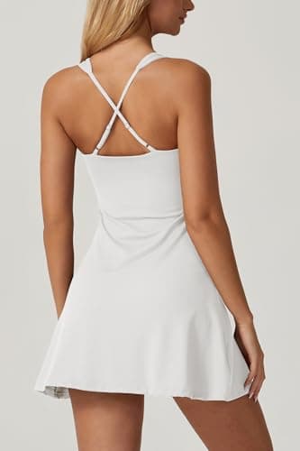 QINSEN Square Neck Athletic Dress for Women Sleeveless High Waist Built in Shorts Pocket Flare Exercise Dress White S - Image 2