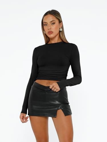 AUTOMET Womens Long Sleeve T-Shirts Trendy Basic Fitted Compression Going Out Crop Tops Fall Fashion Y2K Clothes 2025 Outfits Black S - Image 2