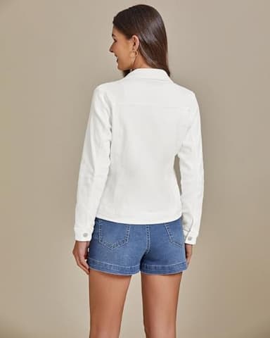 luvamia FleXclusive Women's Basic Button Down Stretch Fitted Long Sleeves Denim Jean Jacket White Denim Jacket Women Cream White Size Medium Fits Size 8-10 - Image 7