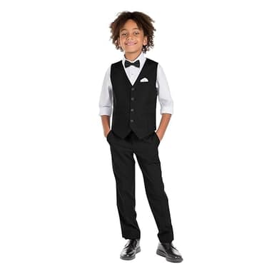 Marvelous Kids Boys 6-Piece V-Neck Formal Slim Fit Vest Suit Set, Black, Size 5 - Image 3