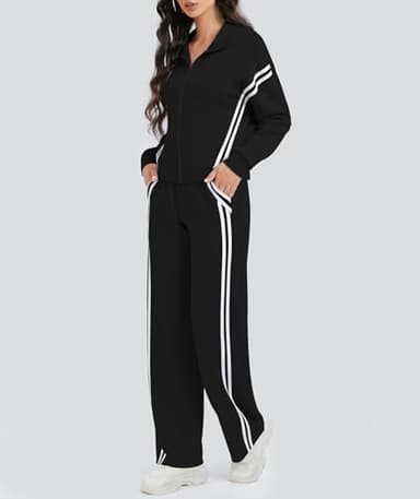 Casly Lamiit Womens Two Piece Lounge Sets Fall Track Outfits Sweatsuit Stripes Sweatshirt Jogger Pants 2025 Fashion Travel Airport Activewear Black L - Image 2
