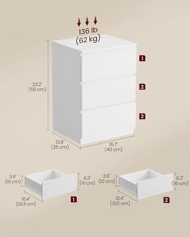 VASAGLE Nightstands with Charging Station, Set of 2, AC Outlets and USB Ports, Bedside Tables, Side Tables with 3 Drawers, Modern Style, 13.8 x 15.7 x 23.2 Inches, Cloud White ULET731W16 - Image 3
