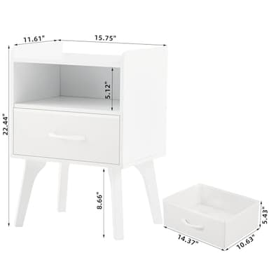 YUFAM Wooden Night Stand,Mid Century Modern Nightstand,Side Tables with Fabric Drawers and Open Storage Shelf,Bedside Table with Wood Legs,End Table for Bedroom,Sitting Room and Small Spaces (White) - Image 3