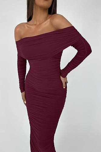 PRETTYGARDEN Women's Fall Off Shoulder Maxi Bodycon Dress Long Sleeve Ruched Fitted Club Dresses with Slit (Wine Red,Medium) - Image 6