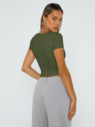 Trendy Queen Tshirts Shirts for Women Double Lined Going Out Crop Tops 2025 Spring Summer Workout Y2k Clothes Beach Fashion ArmyGreen L - Image 4