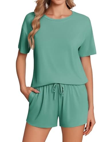 Ekouaer Pajama Set for Women Viscose from Bamboo Short Sleeve Tops and Shorts Set 2 Piece Lounge Set Green - Image 1