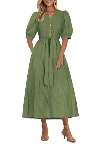 PRETTYGARDEN Summer Dresses for Women 2025 Elegant Classy Short Sleeve V Neck Ruffle A Line Belted Long Beach Vacation Dress (Cyan,Medium) - Image 1