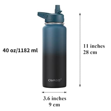 CIVAGO 40 oz Insulated Water Bottle With Straw, Stainless Steel Sports Water Cup Flask with 3 Lids (Straw, Spout and Handle Lid), Double Walled Travel Thermal Canteen Mug, Midnight Black - Image 4