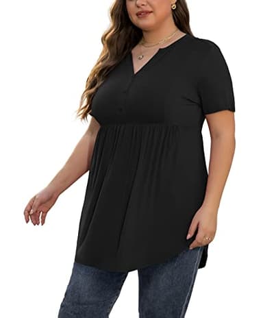 SHIJIALI Women's Plus Size Henley Shirts V Neck Tunic Tops Casual Short Sleeve Swing Flowy Blouse Pure Black-XX-Large - Image 4