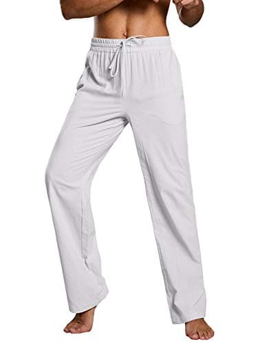 PASLTER Mens Casual Linen Pants Loose Fit Straight-Legs Elastic Drawstring Waist Summer Beach Yoga Long Pants B-White - Image 2