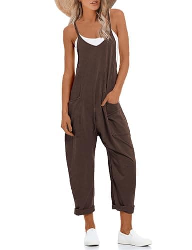 Lentta Women's Causal Jumpsuits V Neck Sleeveless Harem Overalls Stretchy Adjustable Strap Romper with Pockets(Coffee-L) - Image 1